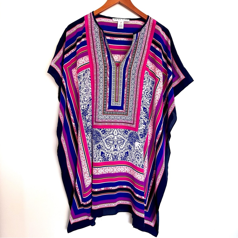 Trina Turk Pink and Blue Patterned Caftan Dress XL EUC